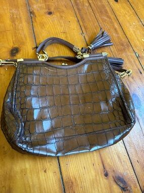 Coach Brown Croc-Embossed Leather Shoulder Bag with Tassel